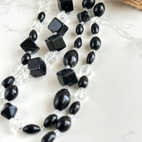 Long 32" Handmade Black & Clear Glass Bead Necklace with Geometric Shapes - Picture 5 of 7